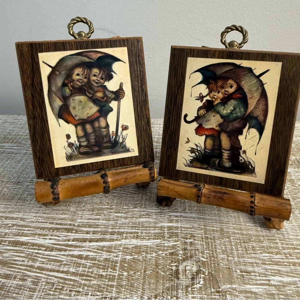 Set of 2 Vintage Hummel Wood Wall Print Plaques Hanging, Easels Included